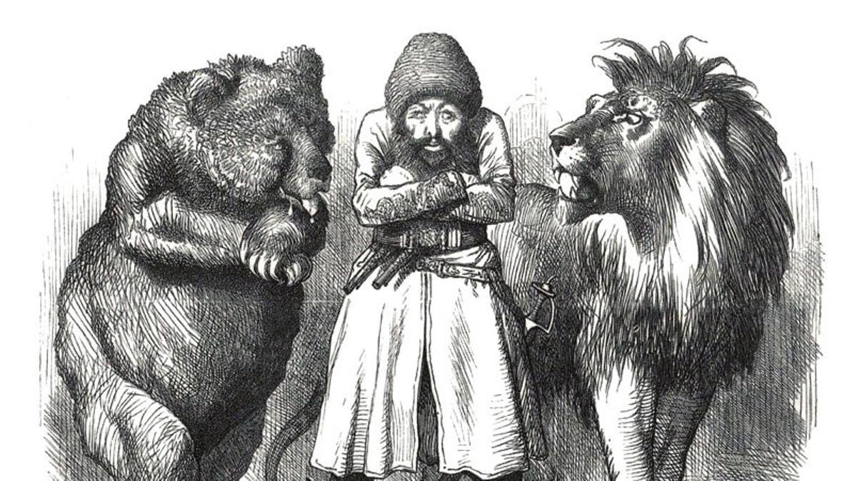 Caricatura publicada en la prensa londinense en 1878, donde Afganistán aparece vigilada por el león británico y el oso ruso (’Punch’, 1878)  