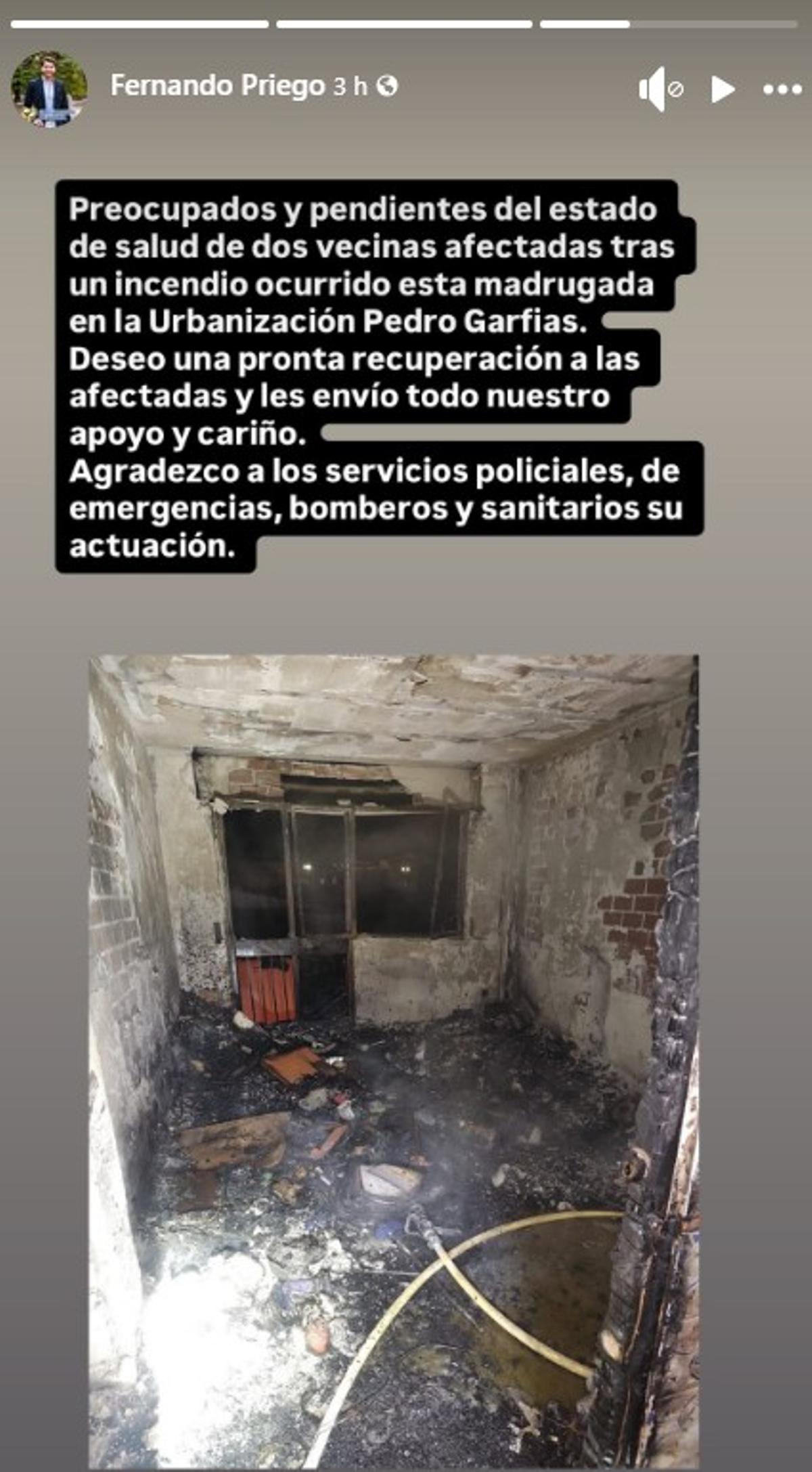 Mensaje de Fernando Priego en Facebook sobre el incendio en Cabra.