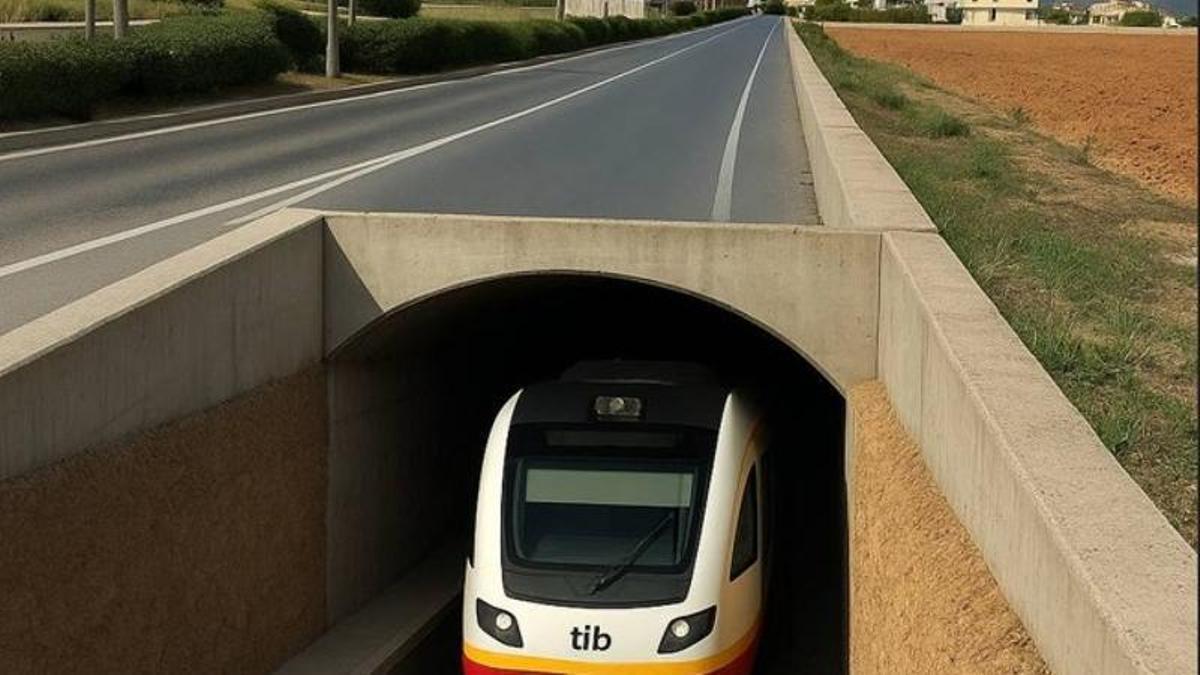 Fotomontaje elaborado por Més per sa Pobla sobre un teórico soterramiento del tren a su paso por el municipio.