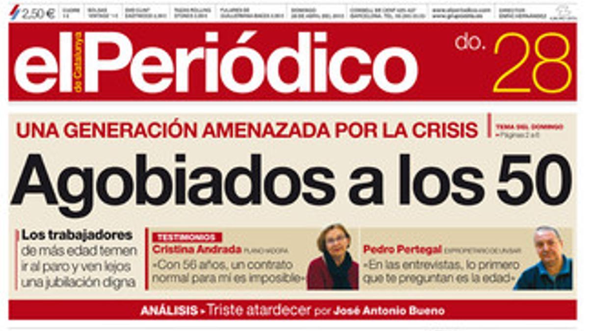 La portada de EL PERIÓDICO DE CATALUNYA de la edición del domingo, 28 de abril.
