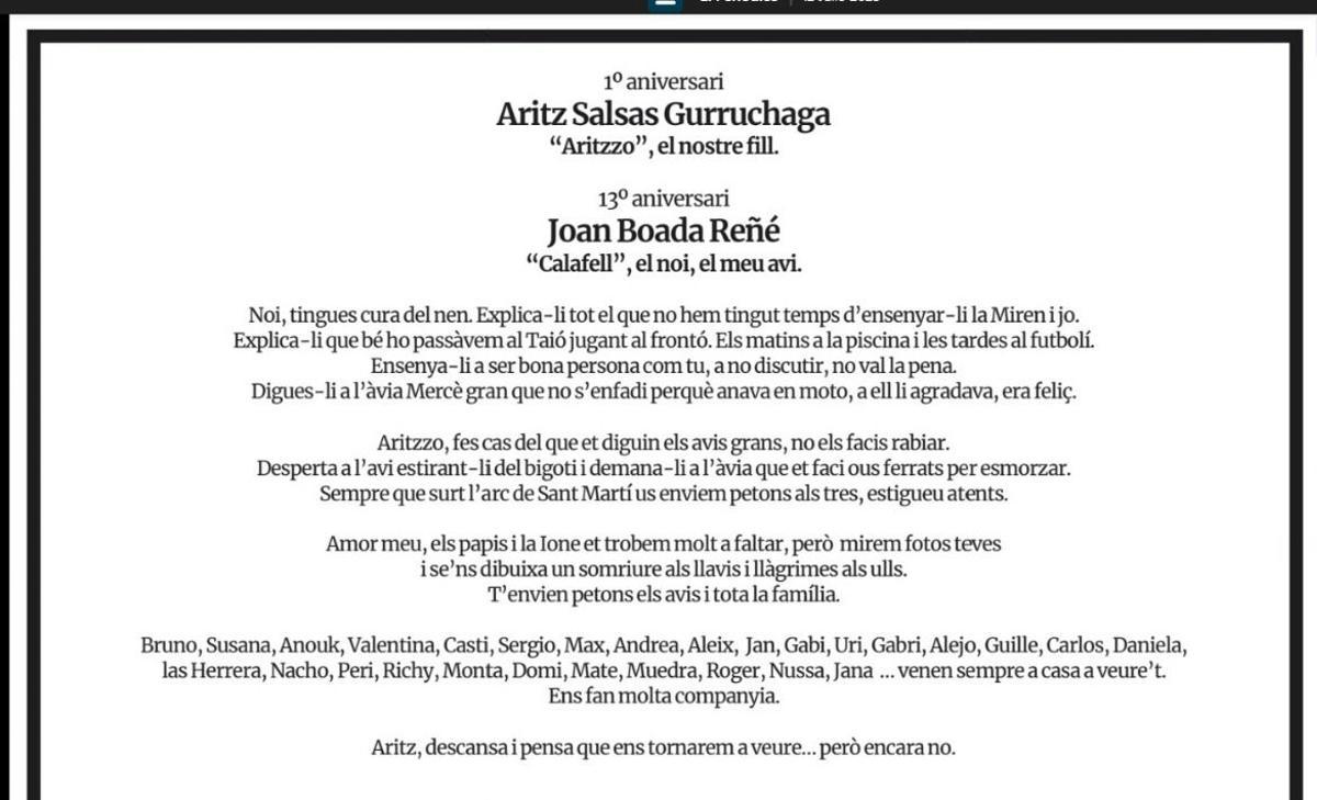 L'esquela del primer aniversari de la mort d'Aritz Salsas