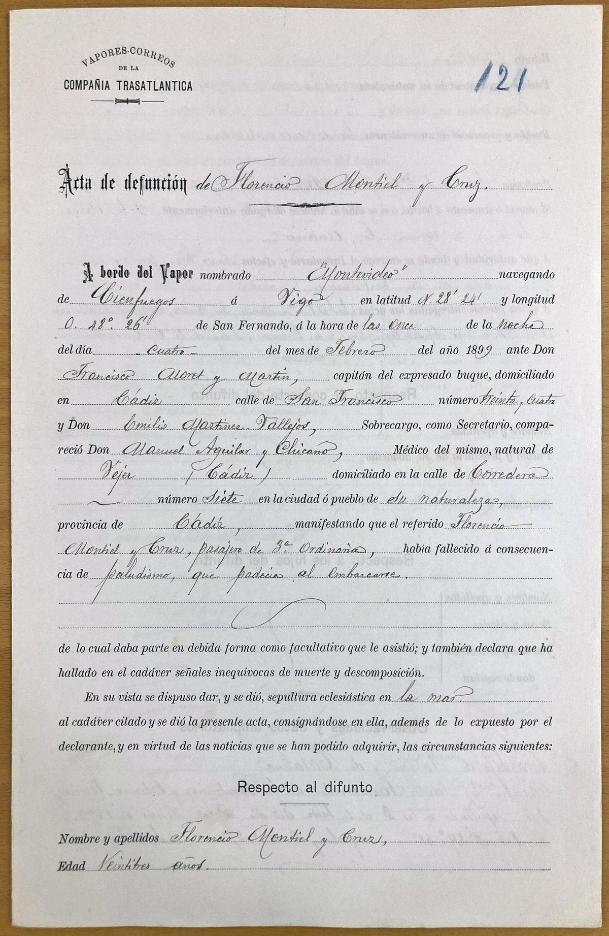 Acta de defunción de Florencio Montiel