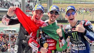 El podio de Mugello, con Aleix, Bagnaia y Quartararo