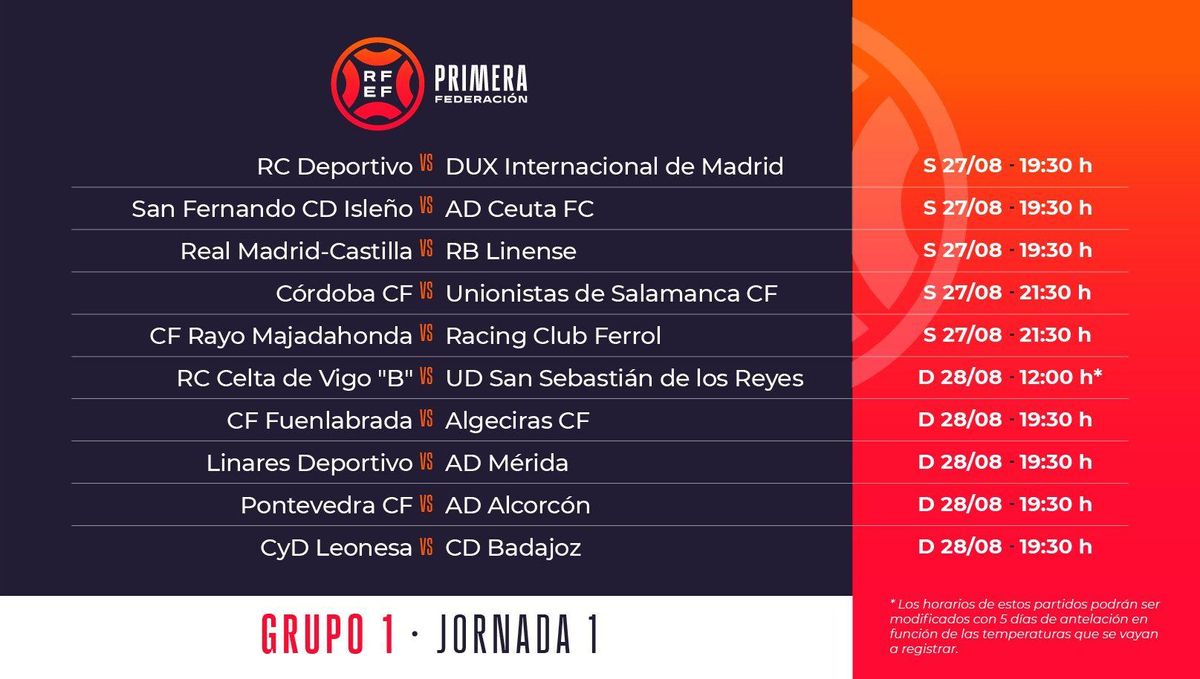 Horarios jornada 1 en la Primera RFEF Grupo 1.