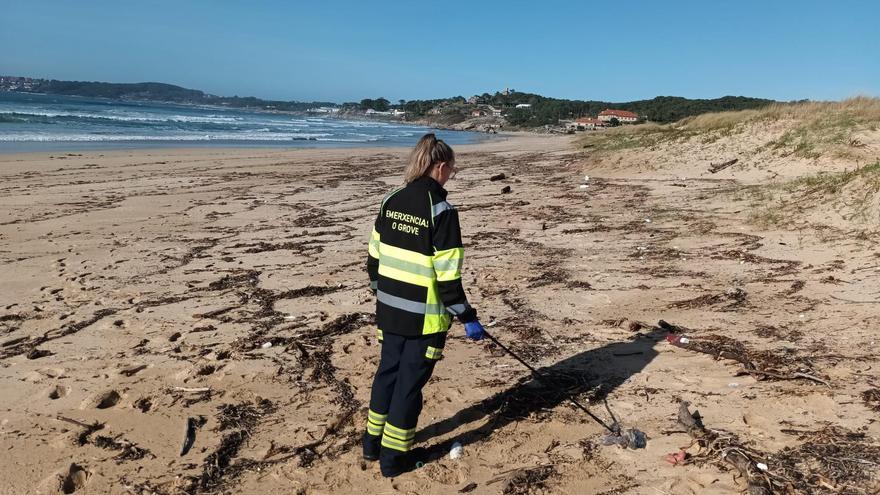 Una integrante del Servicio Municipal de Emergencias O Grove retirando una carabela portuguesa de la playa de A Lanzada, hoy.