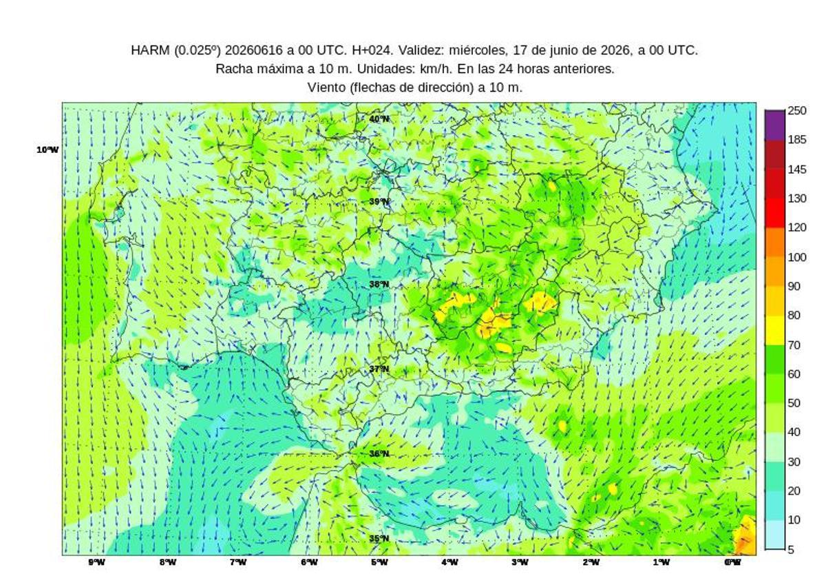 Rachas de viento, en mapa elaborado por la Aemet.
