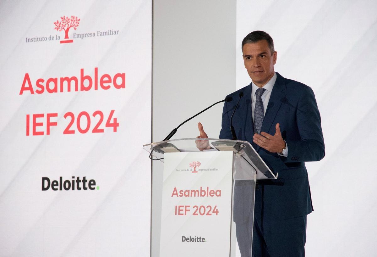 El presidente del Gobierno, Pedro Sánchez, durante su intervención en la asamblea del IEF.