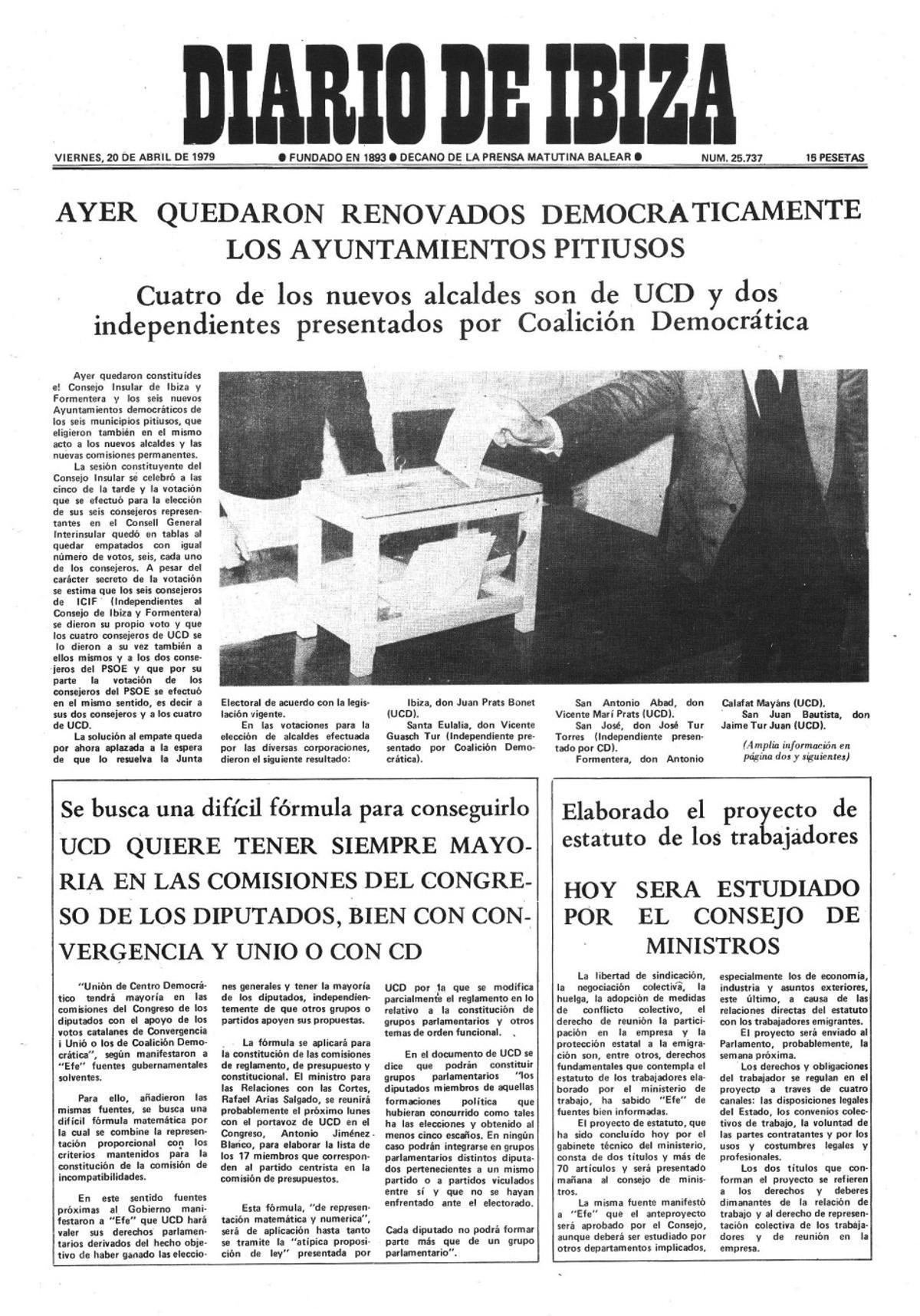 20 de abril de 1979. Elegidos los alcaldes democráticos. Los nuevos ayuntamientos democráticos de Ibiza y Formentera eligen a sus alcaldes, todos ellos de los partidos de centroderecha.