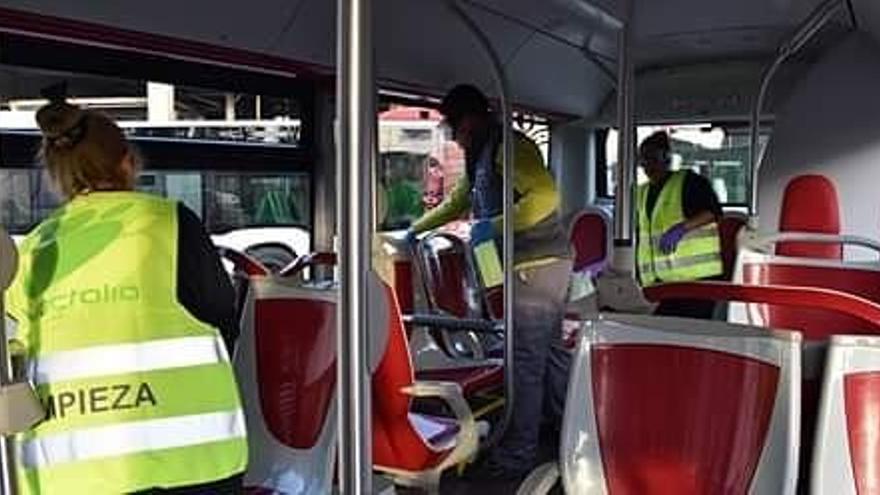 Operarios trabajando en la desinfección de uno de los autobuses de la flota