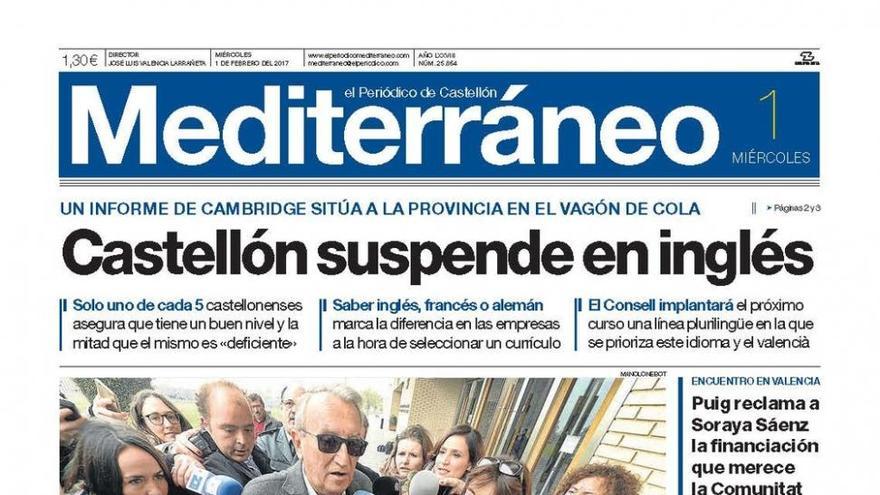 Castellón suspende en inglés, en la portada de Mediterráneo