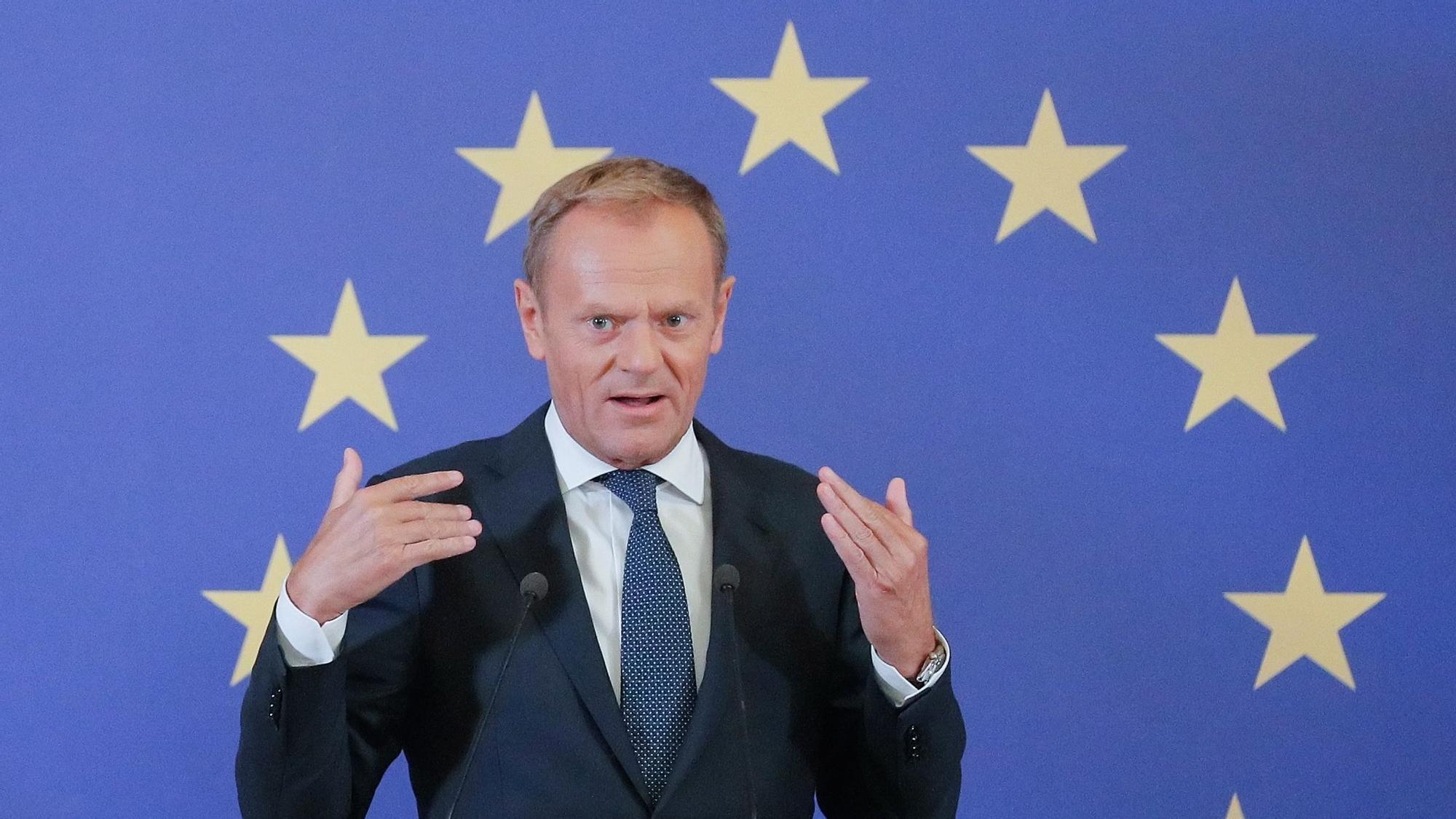 Kiev (Ukraine), 08/07/2019.- European Union Council President Donald Tusk speaks during joint press conference with Ukrainian President Volodymyr Zelensky and European Commission President Jean-Claude Juncker (not pictured) in Kiev, Ukraine, 08 July 2019. The 21st Ukraine-EU summit takes place to strengthen political and economic ties. (Ucrania) EFE/EPA/SERGEY DOLZHENKO