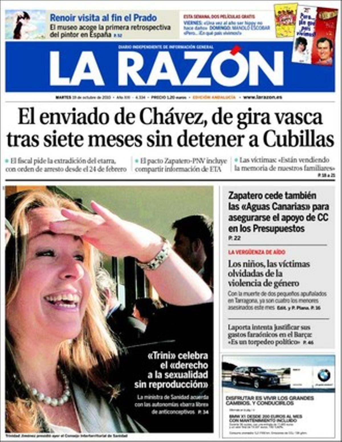 A les pàgines interiors, ’La Razón’ ressalta que l’acord entre José Luis Rodriguez Zapatero i Íñigo Urkullu inclou un traspàs d’informació sobre ETA, i que la defensa de Millet i Montull intentarà desacreditar l’auditoria de Deloitte sobre el saqueig del Palau de la Musica i que demanaran tres informes més.