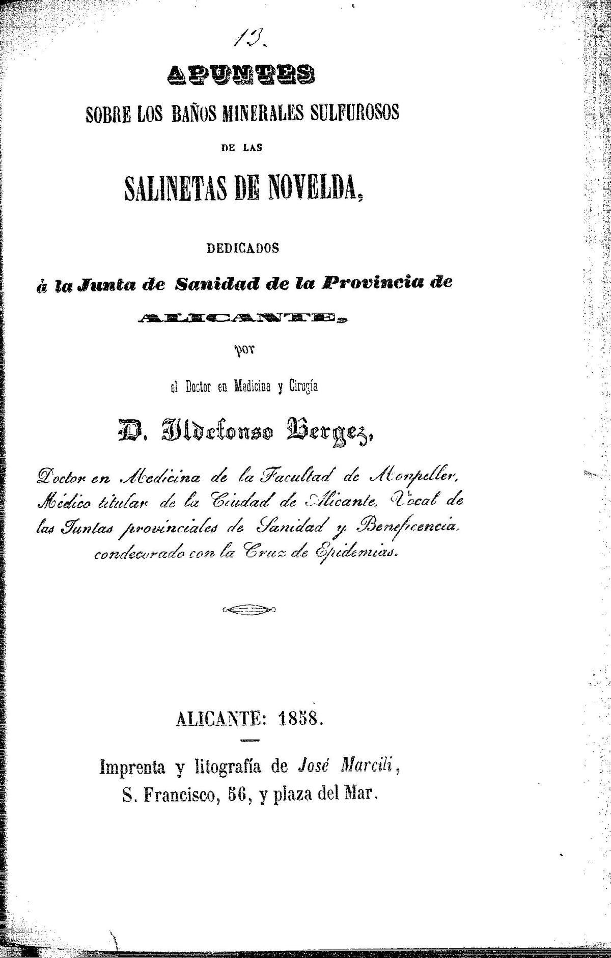 Publicación de Ildefonso Bergez. Baños de Salinetas. 1858.