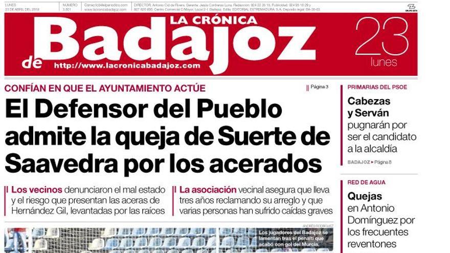 Esta es la portada de LA CRÓNICA DE BADAJOZ correspondiente al día 23 de abril del 2018