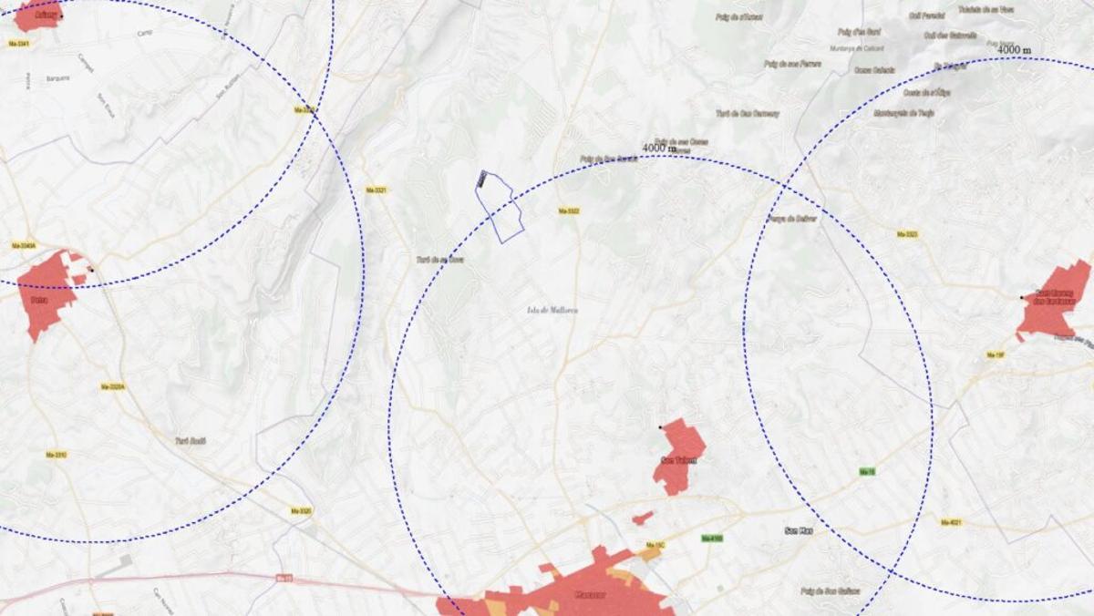 Mapa que muestra la ubicación de la futura granja con respecto a los núcleos urbanos más próximos.