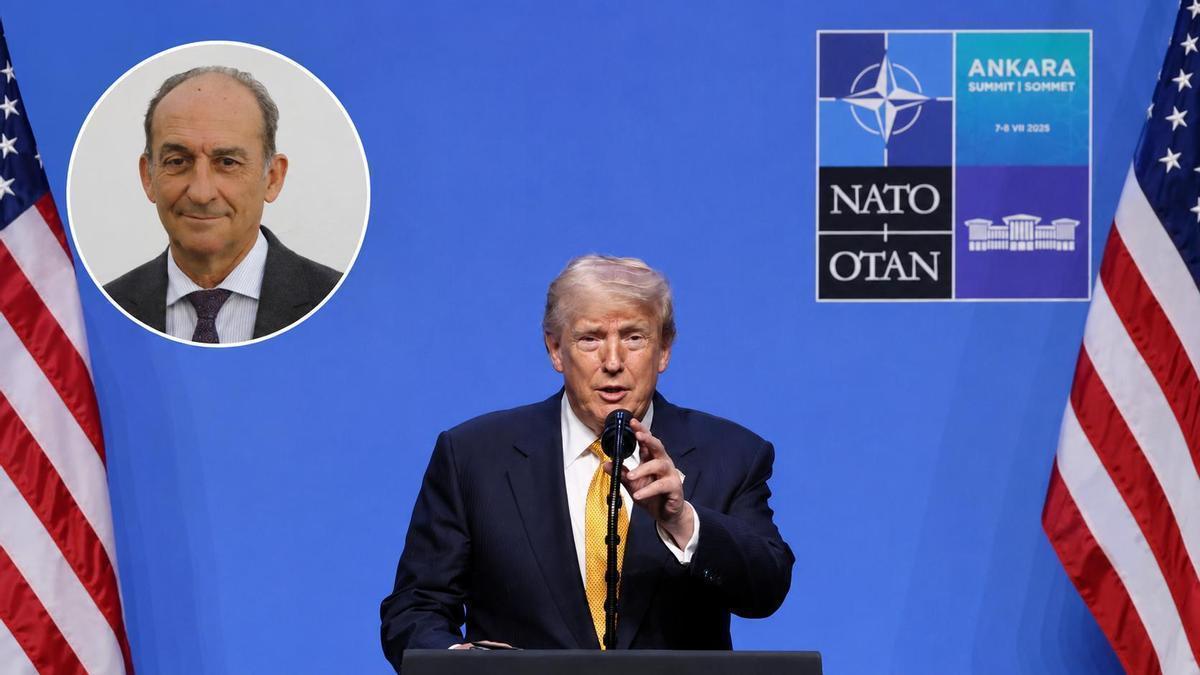 Donald Trump, en la cumbre de la OTAN en Ankara este miércoles; en el círculo, Gabriel Pérez Alcalá.
