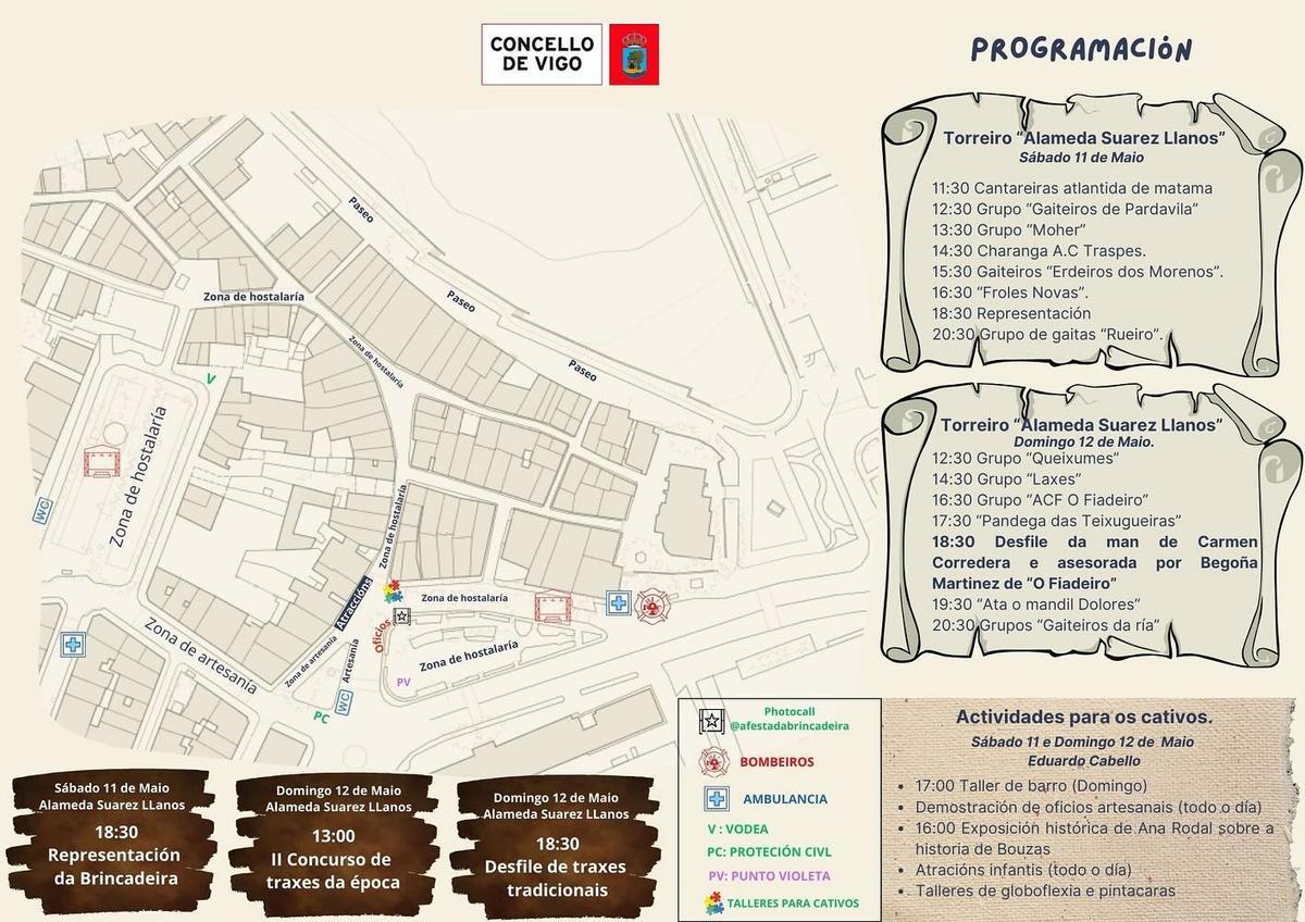 Programa y mapa de la fiesta de La Brincadeira de Bouzas 2024.