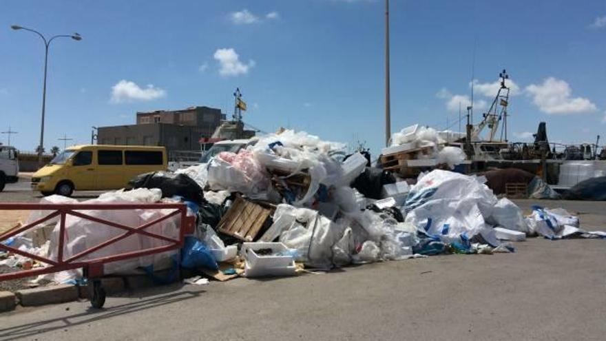 Acceso a la dársena pesquera donde los contenedores están saturados de basura.