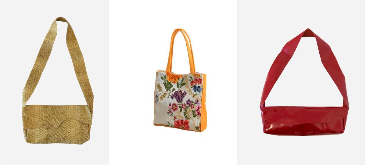 Bolso Essentiabag11 y Essentiabag13 a la derecha y la izquierda de la imagen, de RedNeedle, y el bolso Tulipán de Solet, en el centro, todo marcas valencianas.