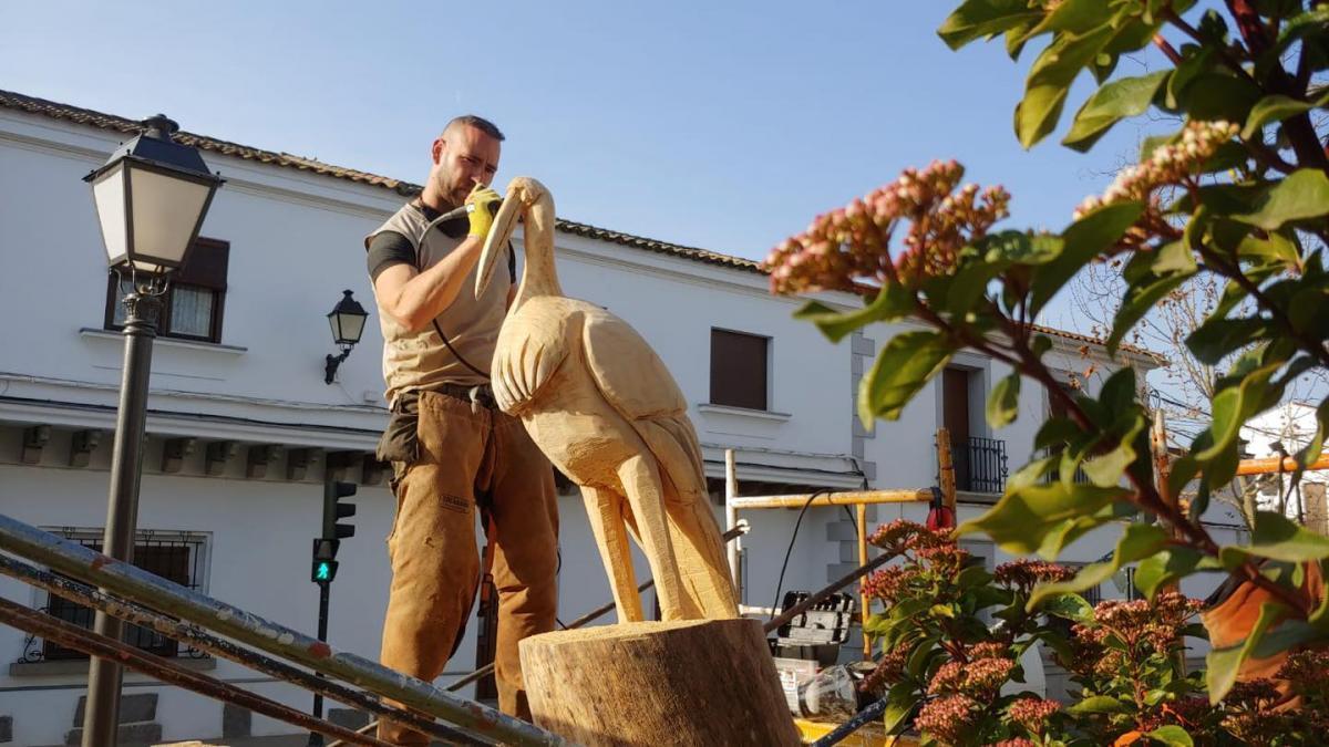 El artista Benito Hidalgo realiza esculturas con los árboles secos de Hinojosa del Duque