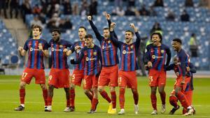 El Barça celebra un gol en la tanda de penaltis contra el Betis en la semifinal de la Supercopa de España