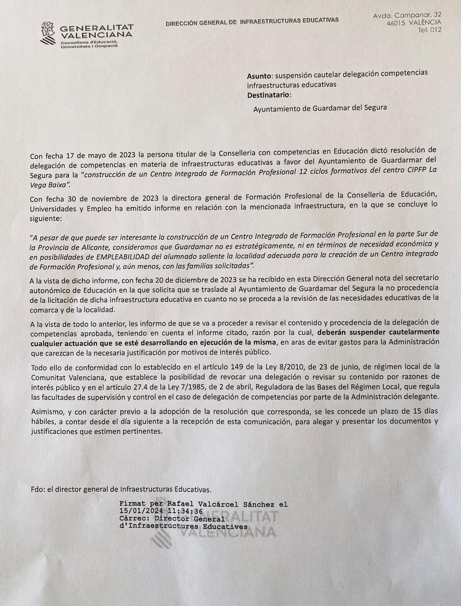 Resolución de la dirección general de Infraestructuras Educativas
