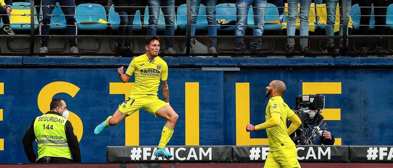 Yeremy Pino celebra uno de los cuatro goles ante el Espanyol.