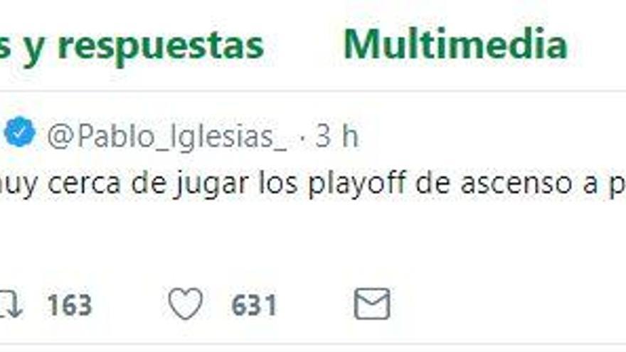 Pablo Iglesias anima al Numancia en su cuenta de Twitter