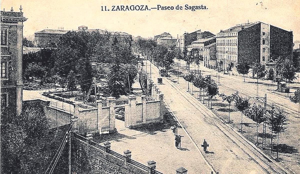 Paseo de Sagasta en 1915. A la derecha, el Velódromo de los Campos Elíseos.