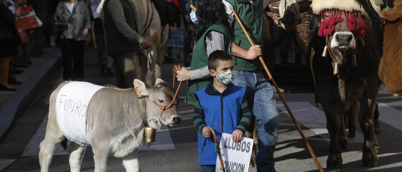 Una familia de ganaderos durante una de las protestas organizadas en Oviedo.