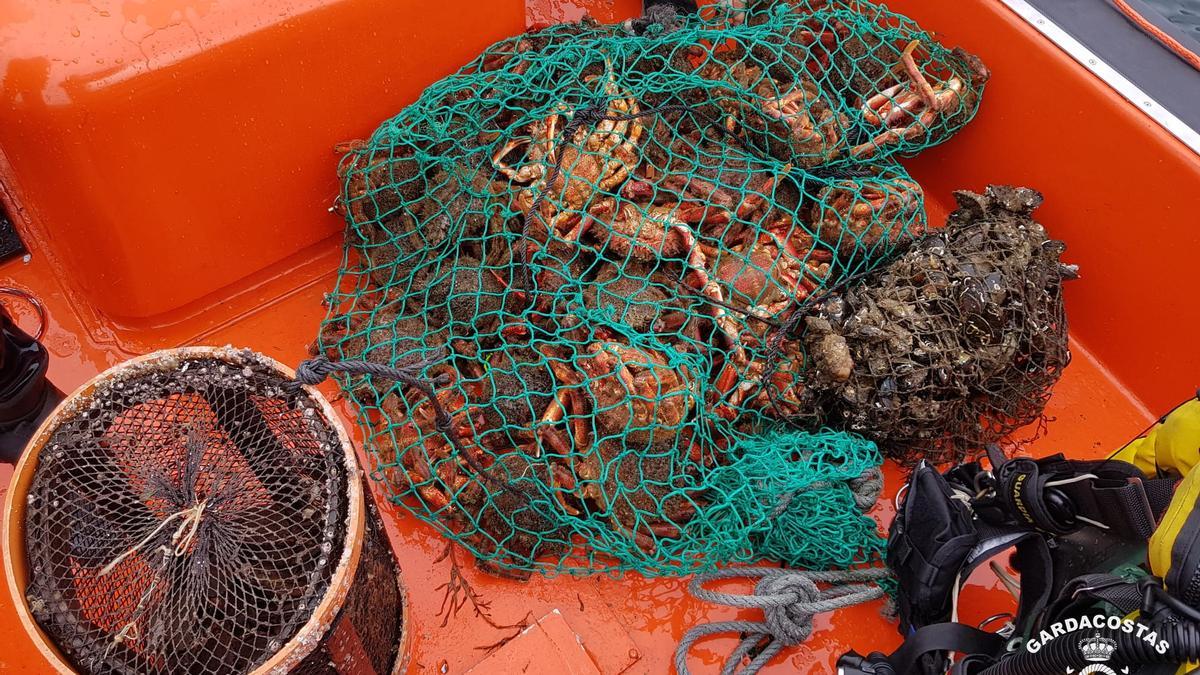 Centollo y diversos útiles recuperados por Gardacostas de Galicia y la Guardia Civil del Mar.