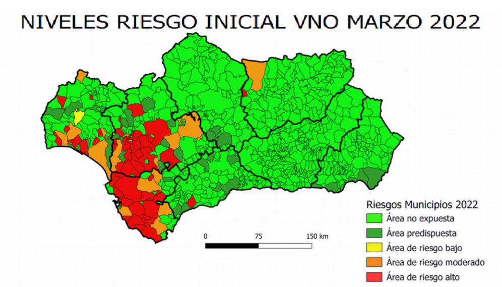 Mapa de riesgo del virus del Nilo elaborado por la Consejería de Salud y Familias.