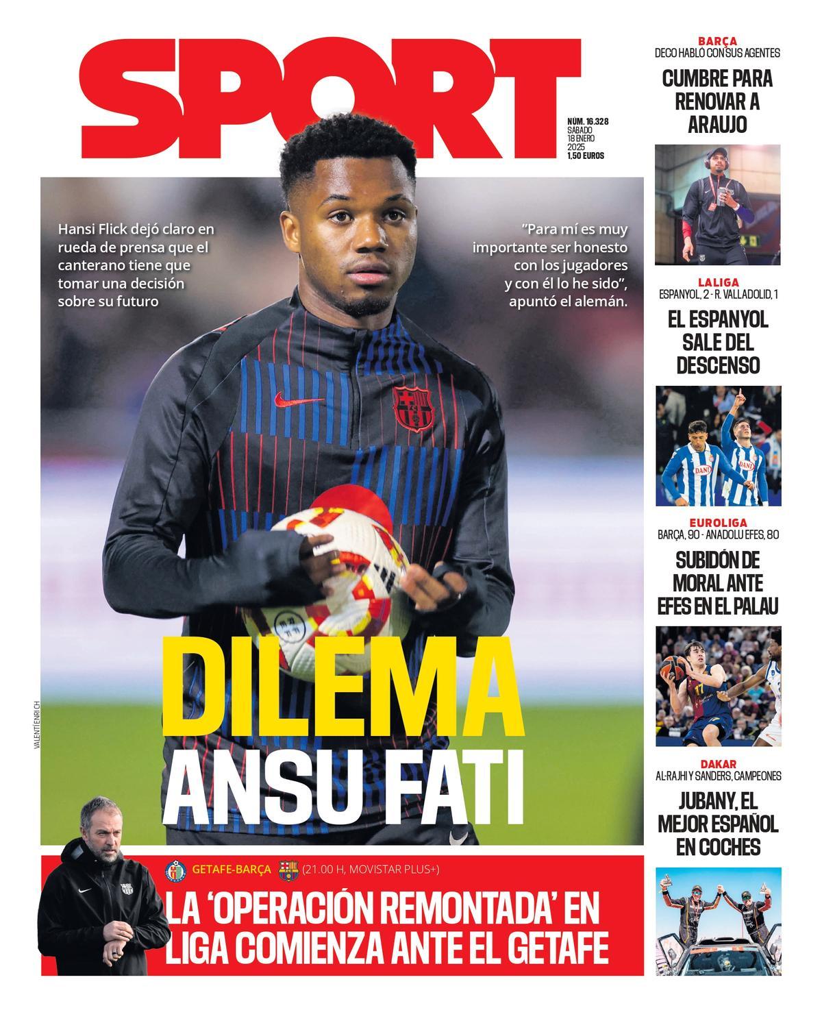 La portada SPORT de hoy, sábado 18 de enero de 2025