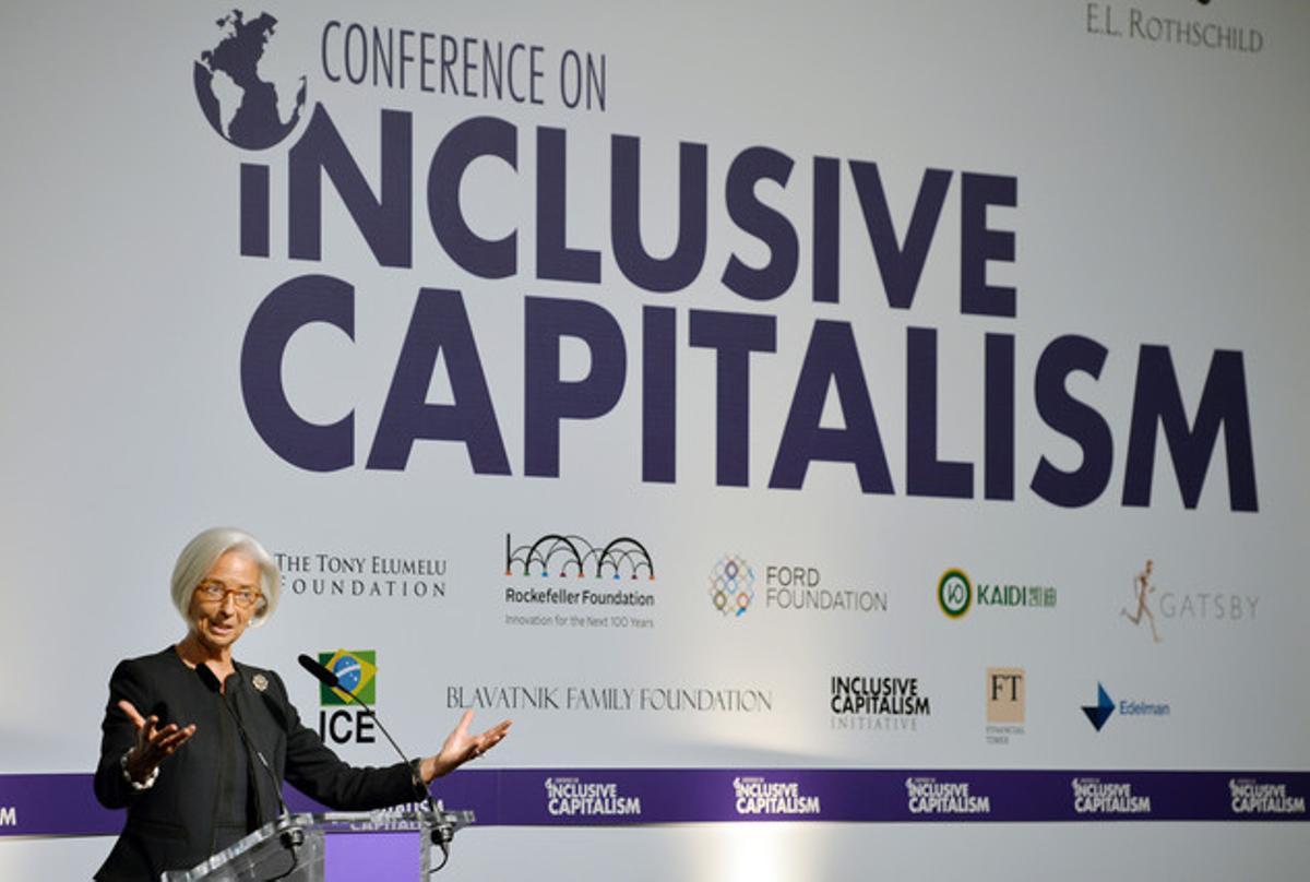 La directora gerent de l’FMI, Christine Lagarde, durant la intervenció en la conferència sobre capitalisme inclusiu, aquest dimarts a Londres.