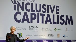 La directora gerent de l’FMI, Christine Lagarde, durant la intervenció en la conferència sobre capitalisme inclusiu, aquest dimarts a Londres.