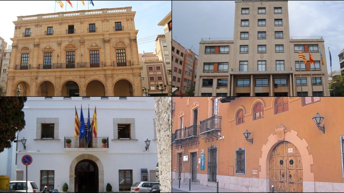 Fachadas de los ayuntamientos de Castelló, Vila-real, Peñíscola y la Vall.