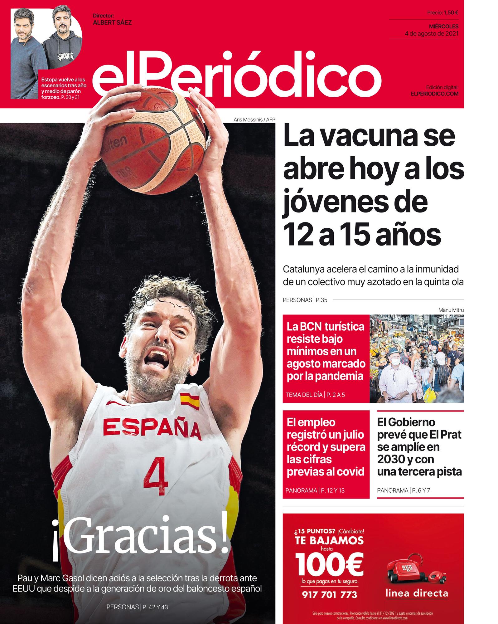 La portada de EL PERIÓDICO del 4 de agosto de 2021