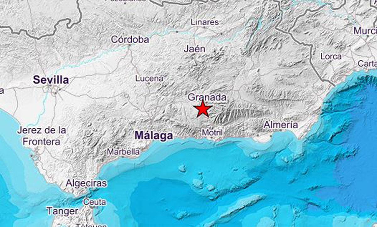 Imagen de IGN donde se muestra el epicentro del terremoto en Granada de magnitud 5 que se ha dejado sentir con fuerza en la provincia de Málaga.