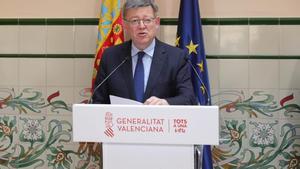 Ximo Puig durante su intervención sobre el trasvase del Tajo-Segura el día en el que la Generalitat ha presentado el recurso al Supremo.