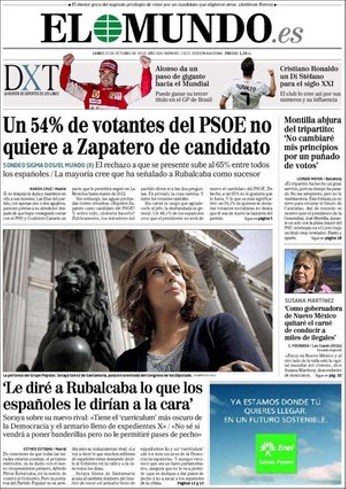 A dins, ’El Mundo’ ressalta que cinc policies municipals de Madrid han estat detinguts per extorsió i també es fa ressò de l’alerta del CSN a causa del robatori d’un equip radioactiu a Ripollet, que l’exinterventora de Santa Coloma de Gramenet va frustrar un altre ’pelotazo’ a Cubics, que el ’lobby’ empresarial de la construcció demanarà avui al Govern que destini més diners a obres en els pressupostos del 2011, que han crescut els expedients oberts per Foment a les aeronaus per incompliments de normes de seguretat i manteniment i que grans i petits hostalers es preparan per portar el Govern davant el jutge perquè la llei antitabac no els compensa de la inversió per crear zones lliures de fum des del 2005.