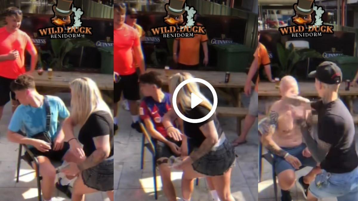 Tres imágenes de uno de los vídeos en redes sociales del polémico bar de Benidorm que abofetea a sus clientes