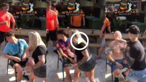 Tres imágenes de uno de los vídeos en redes sociales del polémico bar de Benidorm que abofetea a sus clientes