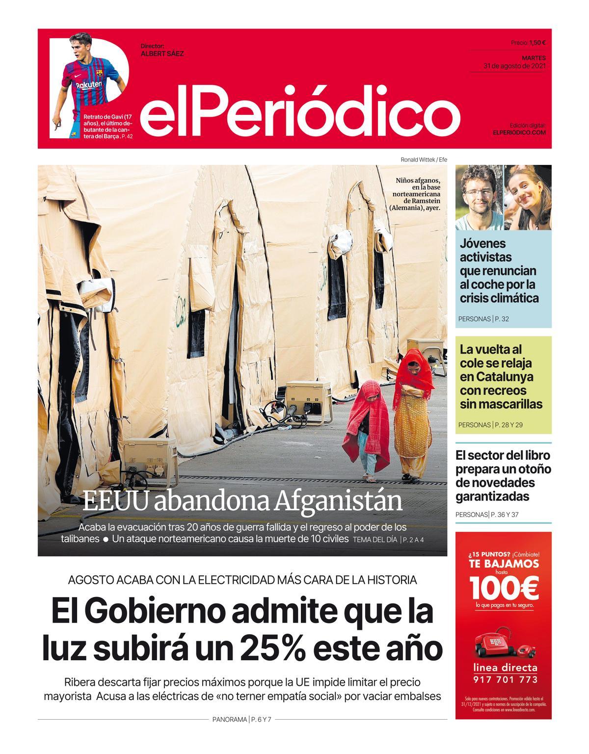 La portada d’EL PERIÓDICO del 31 d’agost del 2021