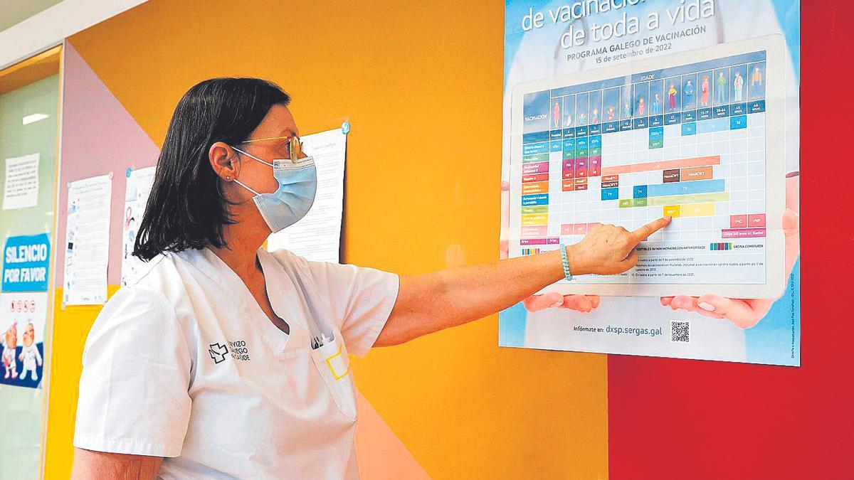 Una sanitaria señala la inyección del papiloma en el calendario vacunal.