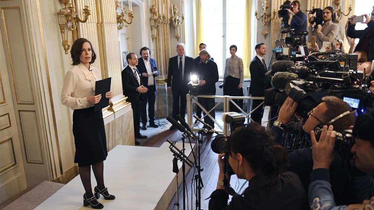 Sara Danius, secretaria permanente de la Academia Sueca, el año pasado durante el anuncio del Nobel de LIteratura para Bob Dylan.