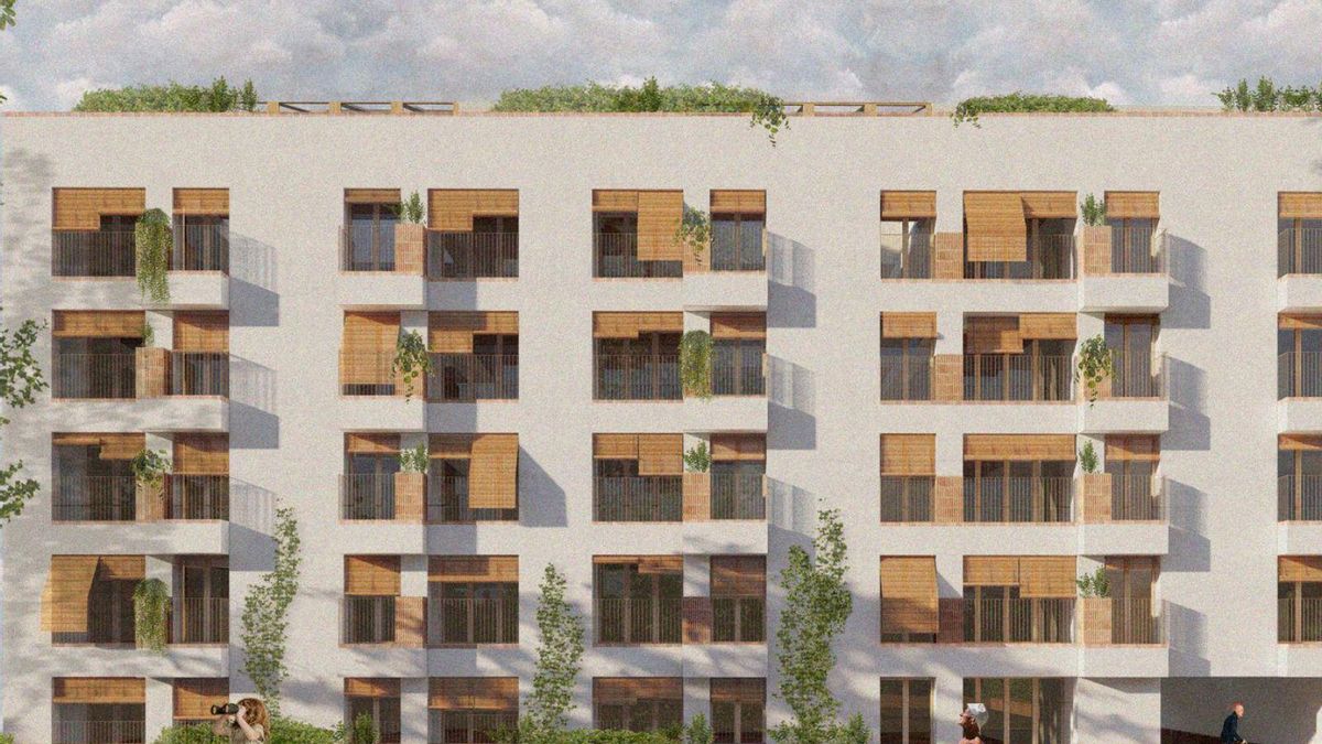 Recreación virtual de la fachada exterior de la promoción de 170 VPO prevista en Ca n’Escandell. | D. I.