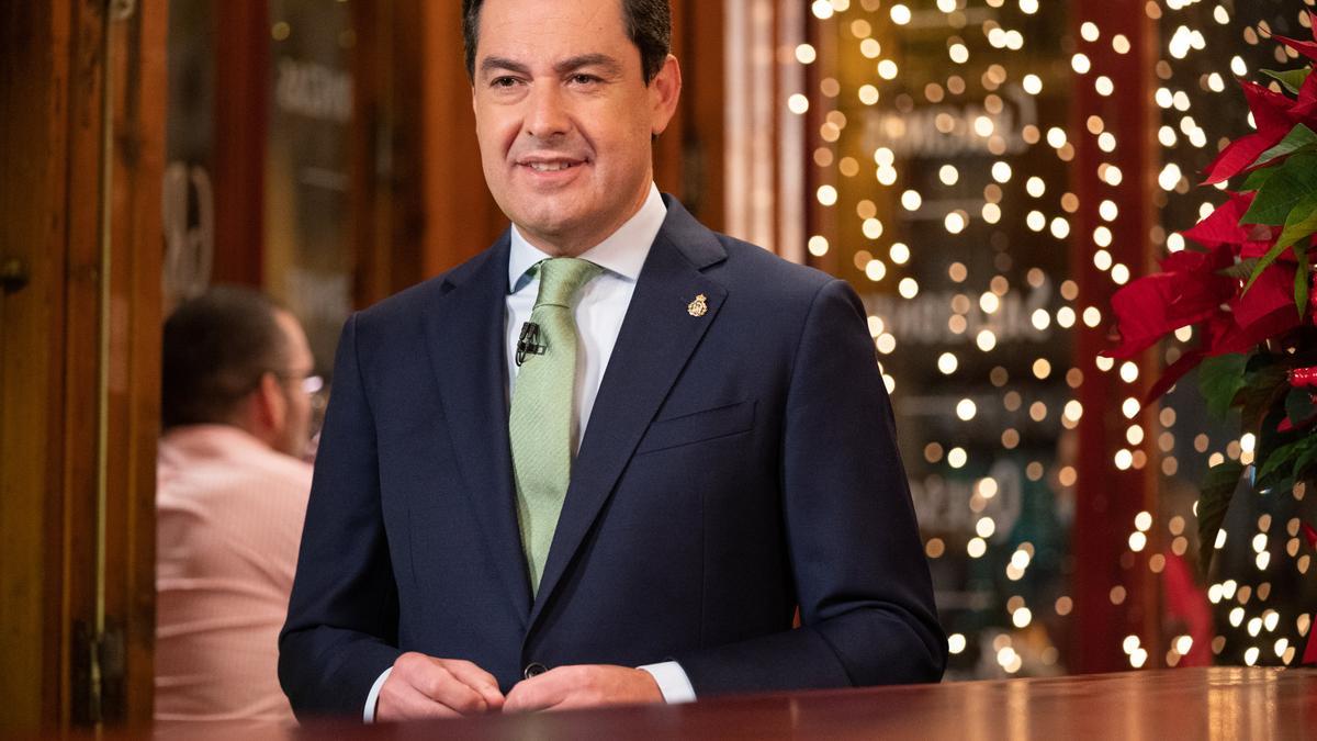 El presidente de la Junta de Andalucía, Juanma Moreno, durante su intervención.