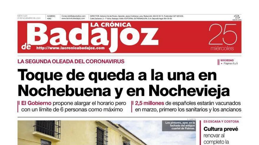 Esta es la portada de LA CRÓNICA DE BADAJOZ correspondiente al día 25 de noviembre del 2020