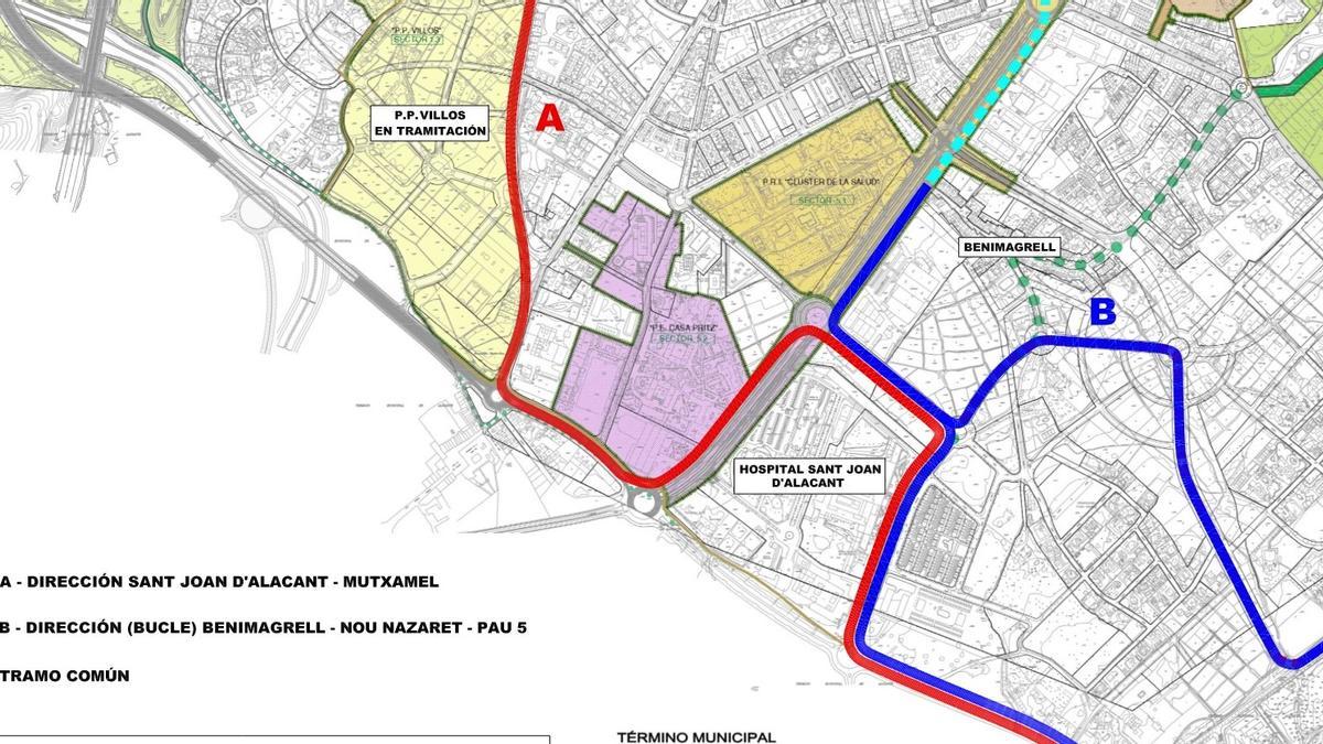 Plano con los ramales propuestos por Mutxamel