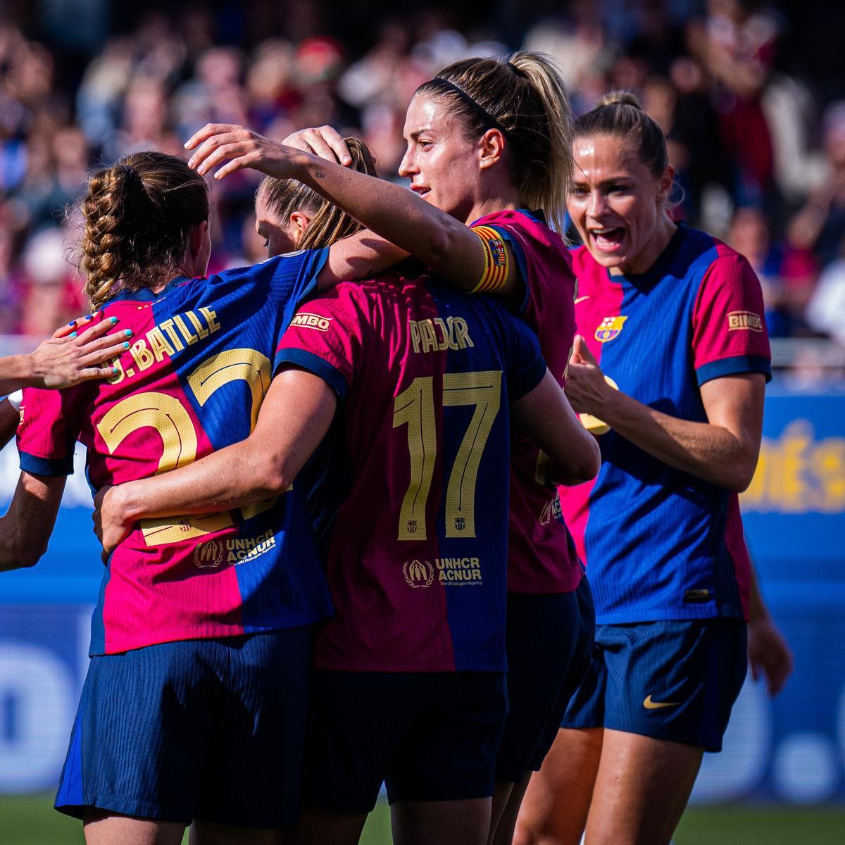 Las jugadoras del Barça celebran el tanto de Ewa Pajor contra el Deportivo de la Coruña Las jugadoras del Barça celebran el tanto de Ewa Pajor contra el Deportivo de la Coruña